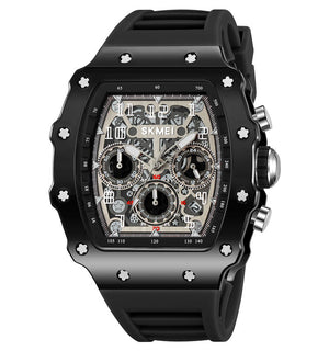 SKMEI 2305 Tonneau Skeleton Dial Chronograph Watch - Black/Black image 1