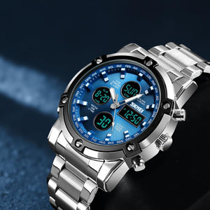 Skmei – 1389 – Dual Display Waterproof Business Watch - Silver/Blue image 1