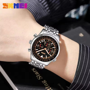 SKMEI 9333 Analog Chronograph Stainless Steel Watch - Silver/Black image 3