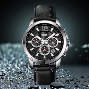 SKMEI - 1989 - Chronograph High Quality Leather Watch - Silver/Black image 5