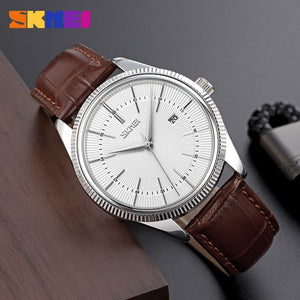 Skmei - 9298 - Leather Strap Casual Analog Quartz Watch - Silver/Silver-Brown image 2