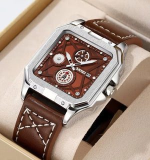 SKMEI - 9330 - Premium Down Second Square Dial Watch - silver/brown image 2
