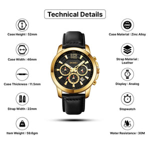 SKMEI - 1989 - Chronograph High Quality Leather Watch - Gold/Black image 3
