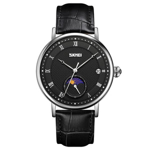 SKMEI 9308 Moon Phase Roman Leather Watch - black/black image 0