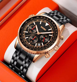 SKMEI 9333 Analog Chronograph Stainless Steel Watch - Rosegold/Black image 3
