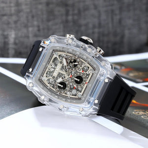 SKMEI 2305 Tonneau Skeleton Dial Chronograph Watch - White/Transparent-Black image 3