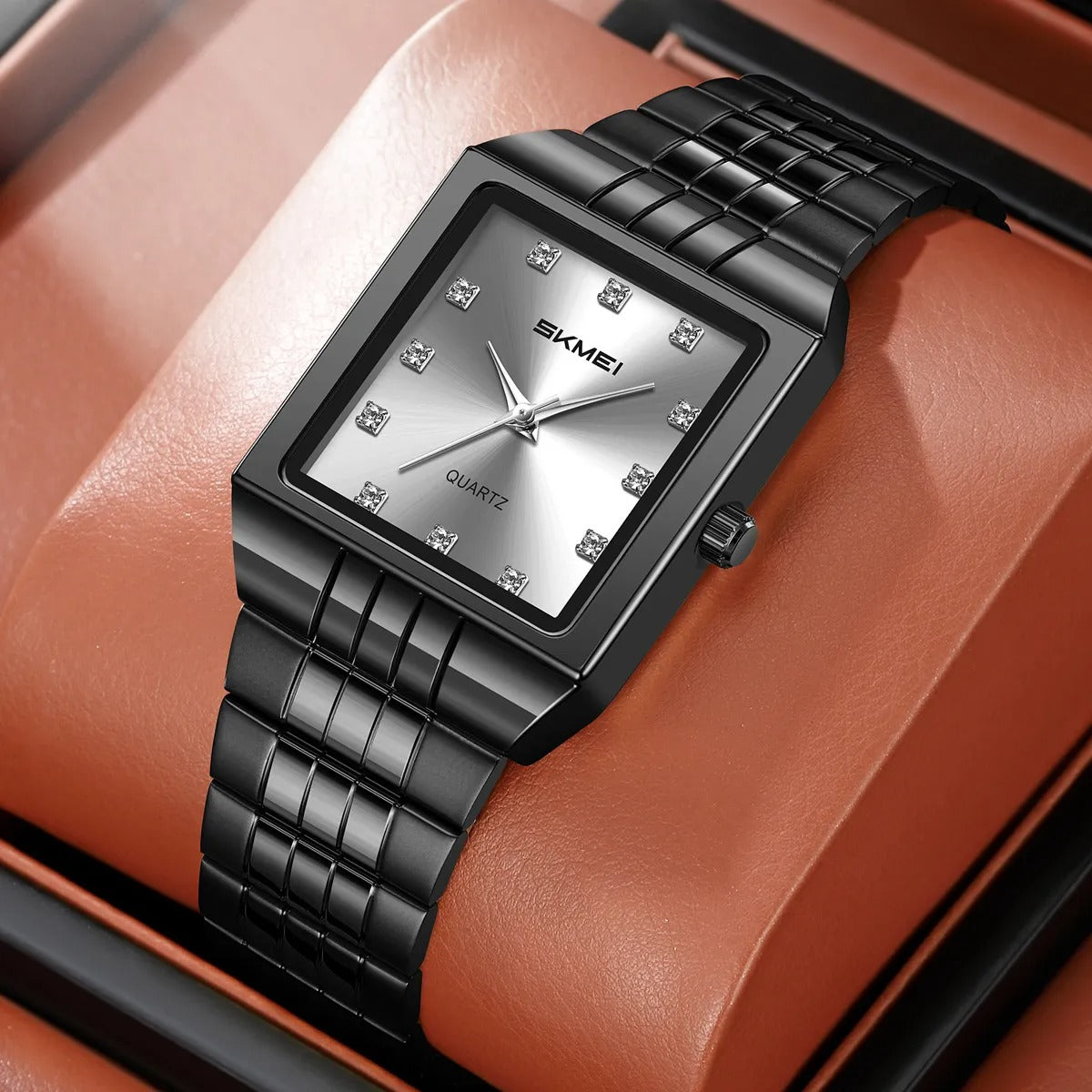SKMEI 2619 Square Analog Diamond Dial Watch - black/silver image 1