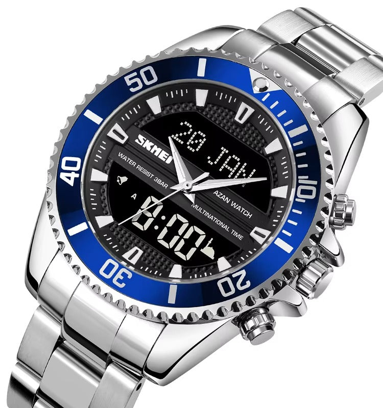 SKMEI - 1896 - Qibla Azan Time Reminder Prayer Watch - silver/blue image 1