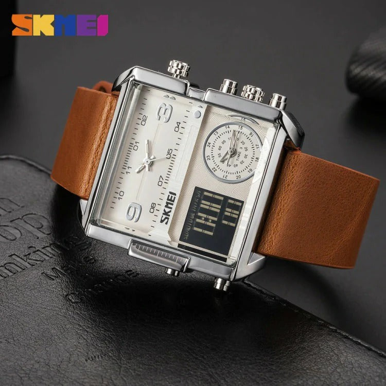 Skmei - 1584 - Sports Quartz Waterproof Tiple time - Silver/Brown-Leather image 5