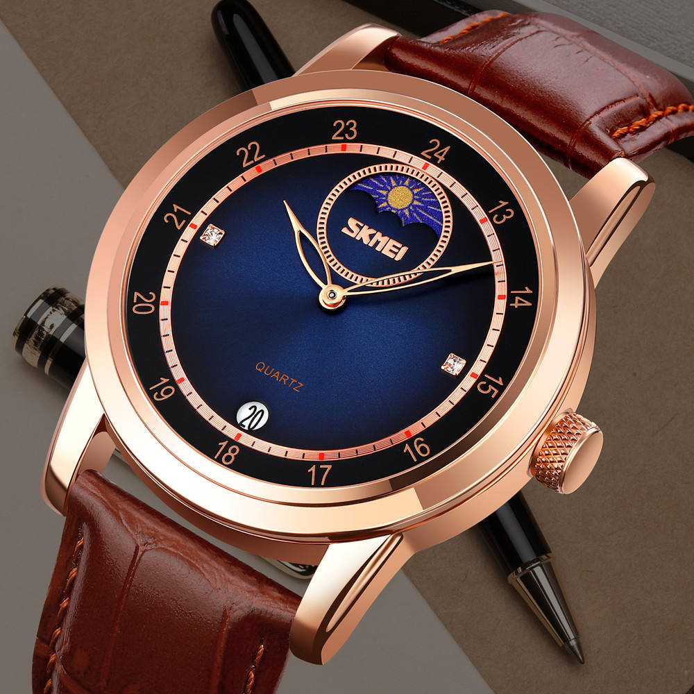 Skmei – 9300 – Elegant Moon Phase Edition Watch – Rose Gold / Blue image 3