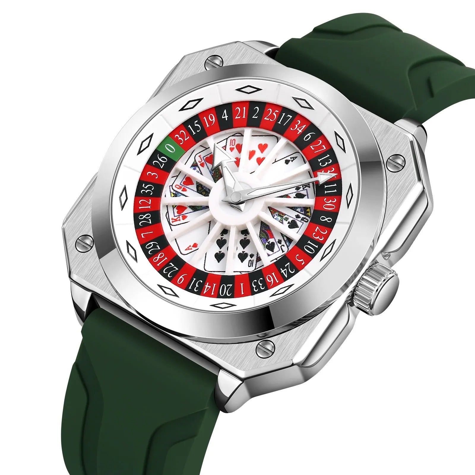 SKMEI - 9379 - Rotating Poker Dial Silicone Wrist Watch - silver/armygreen image 1