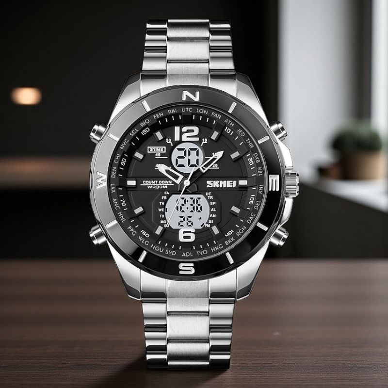 SKMEI - 1670 - Dual Display Stainless Steel Countdown Watch - silver white image 0