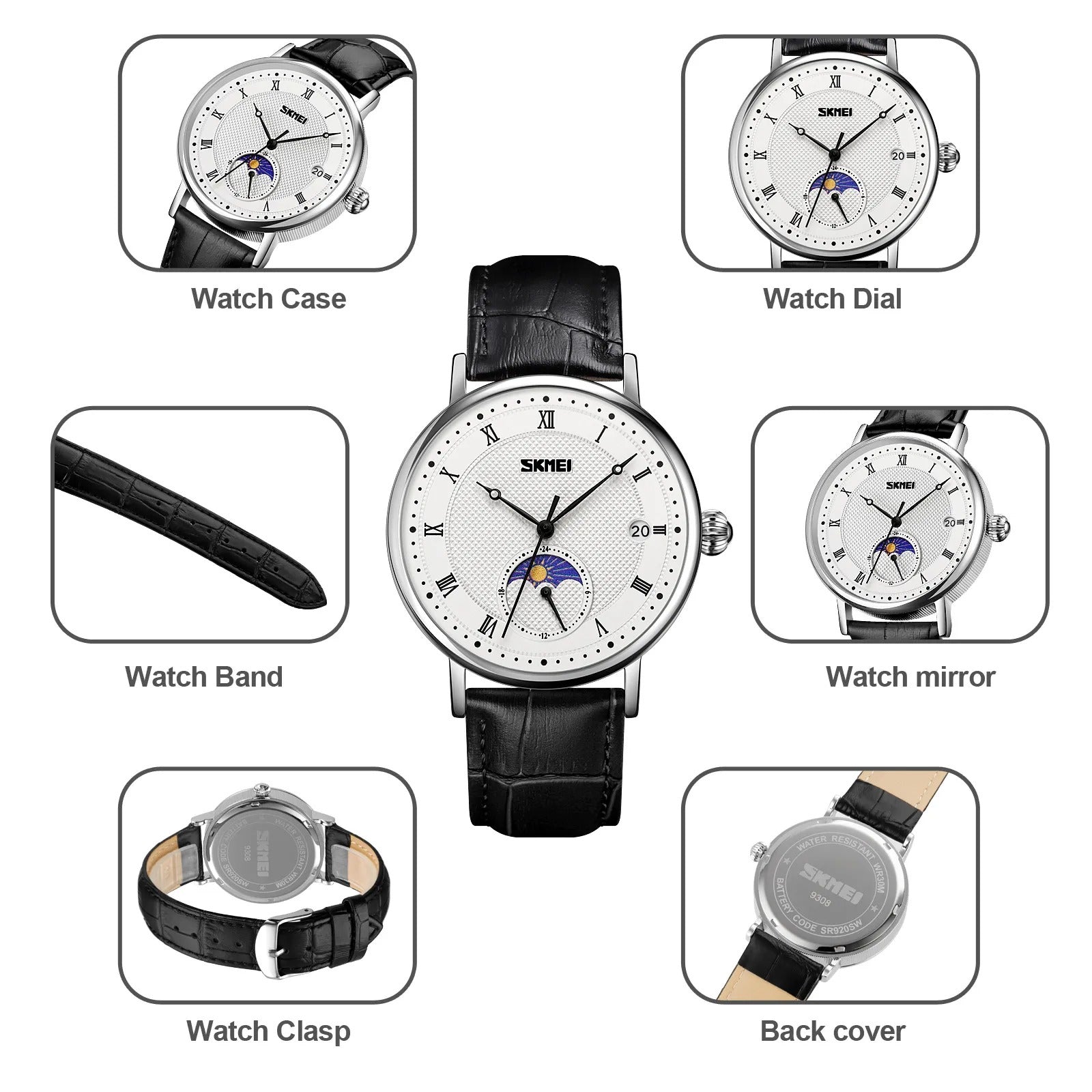 SKMEI 9308 Moon Phase Roman Leather Watch - silver/black image 6