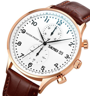 Skmei - 9301 - Classic Leather Chronograph Watch - Rosegold/Silver/Black image 1