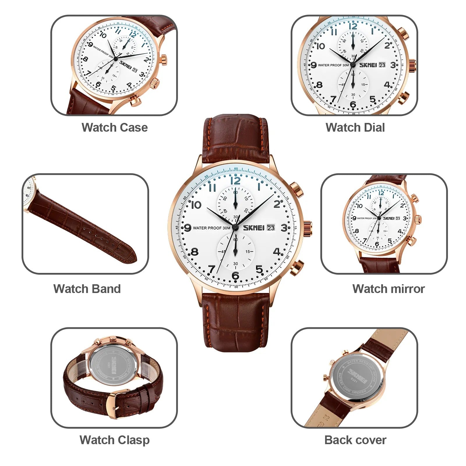 Skmei - 9301 - Classic Leather Chronograph Watch - Rosegold/Silver/Black image 5