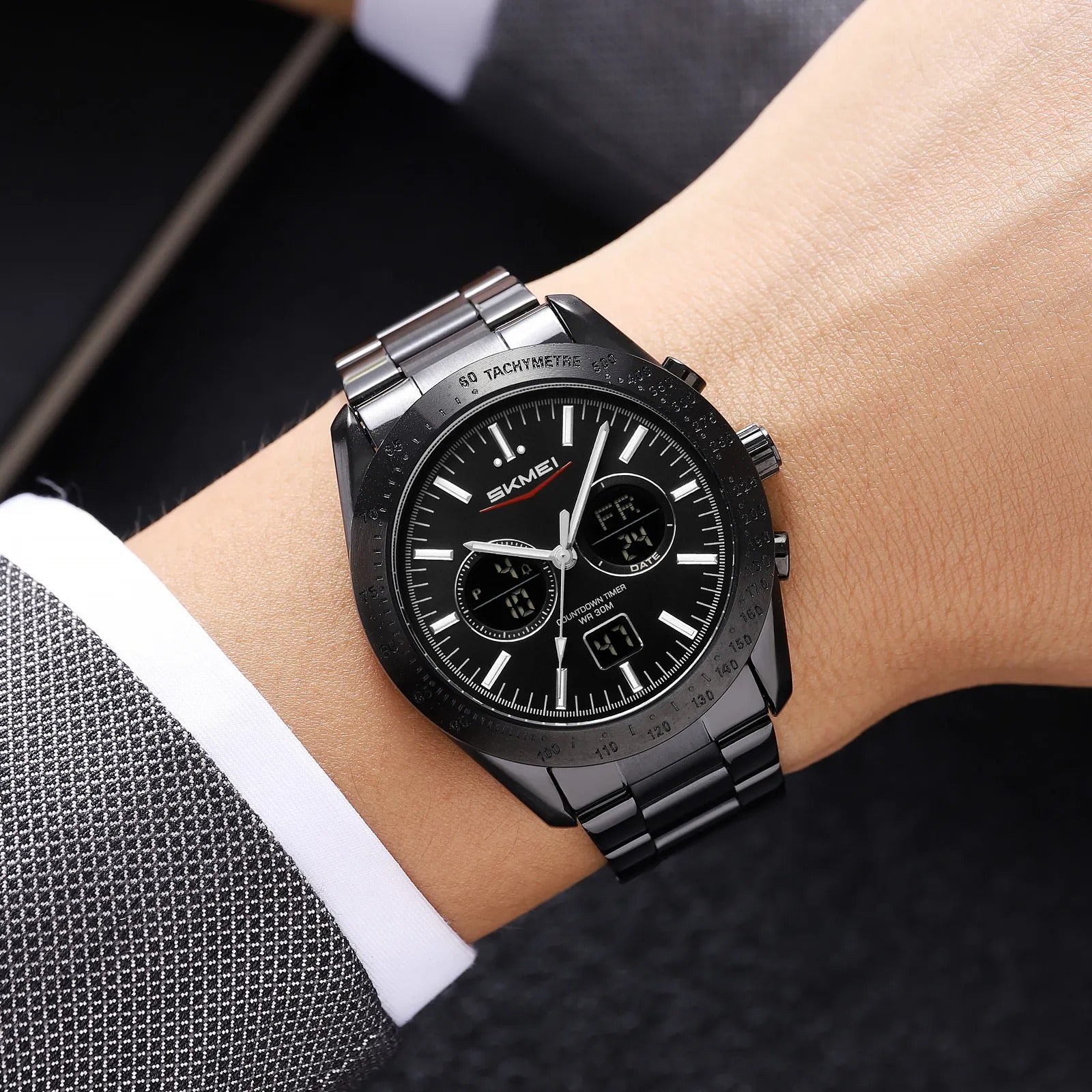 SKMEI 2503 Digital Tachymetre Countdown Timer Watch - black/black/black/steel image 2
