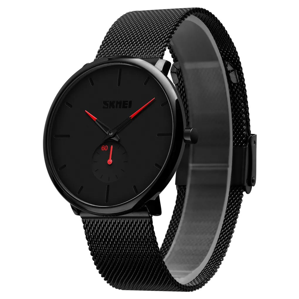 SKMEI - 9185 - Ultra Minimal Black Mesh Wristwatch - red image 0