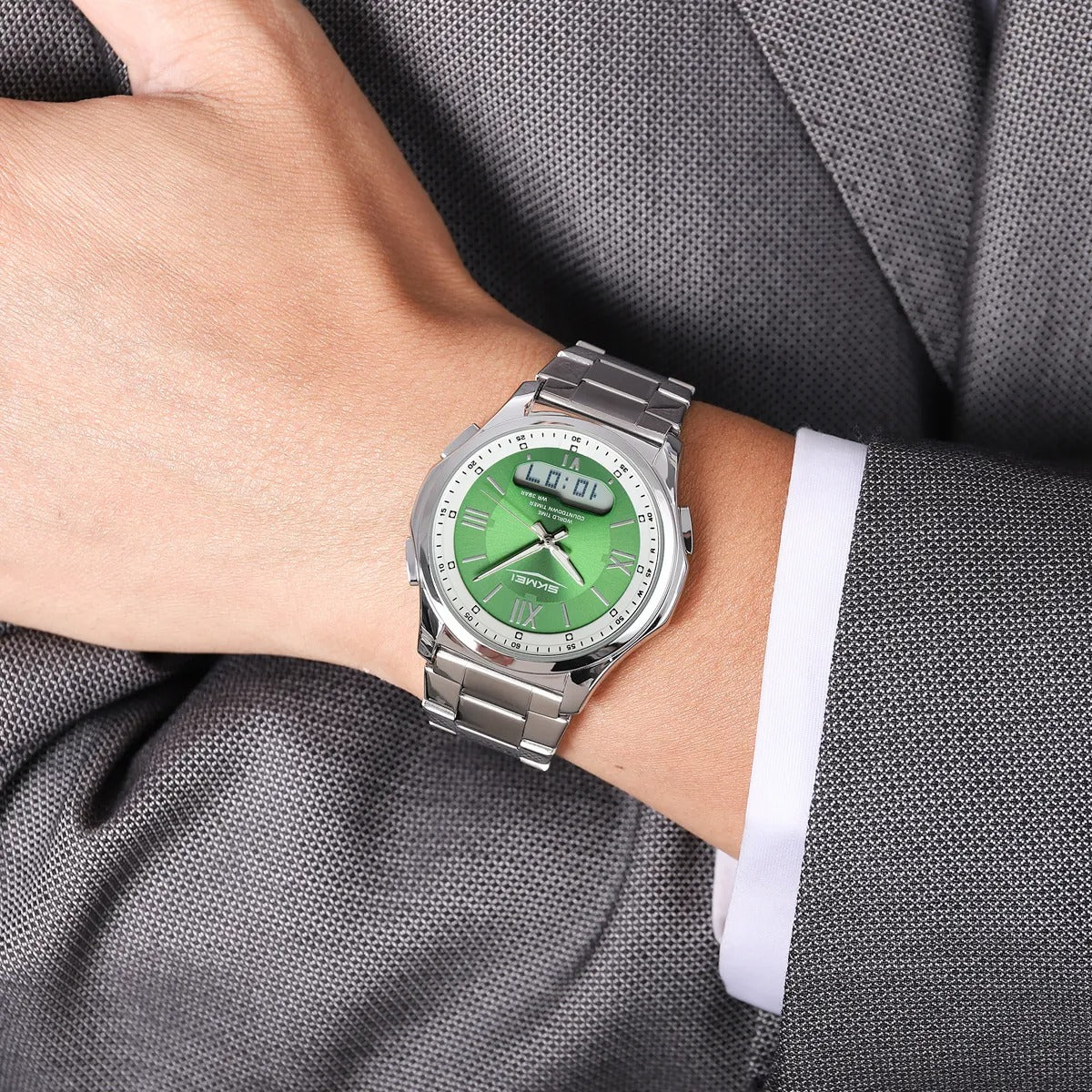 SKMEI 2459 Analog Digital World Time Sports Watch - silver/green image 3
