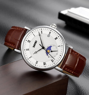 SKMEI 9308 Moon Phase Roman Leather Watch - silver/brown image 2