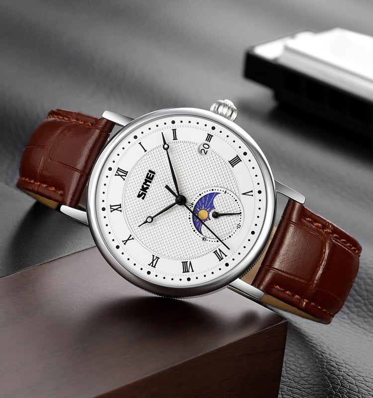 SKMEI 9308 Moon Phase Roman Leather Watch - silver/brown image 2