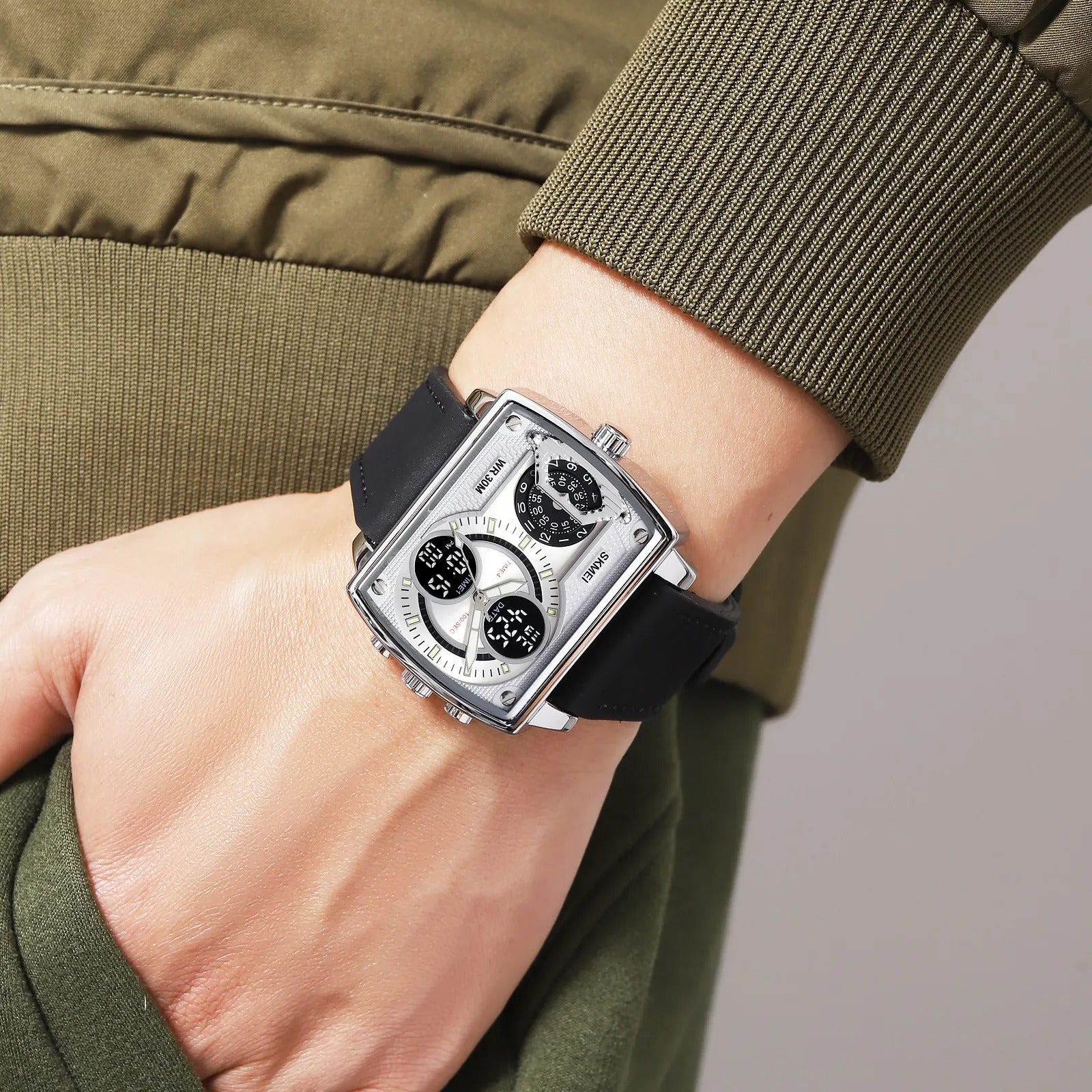 SKMEI 2229 Multi-Zone Analog Digital Sports Watch - silver/silver/leather image 2