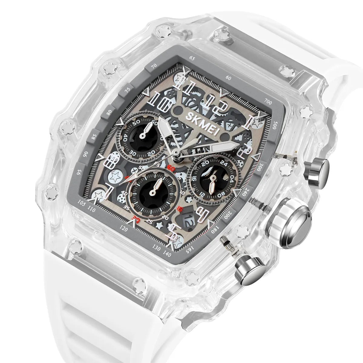 SKMEI 2305 Tonneau Skeleton Dial Chronograph Watch - white/transparent/white image 0