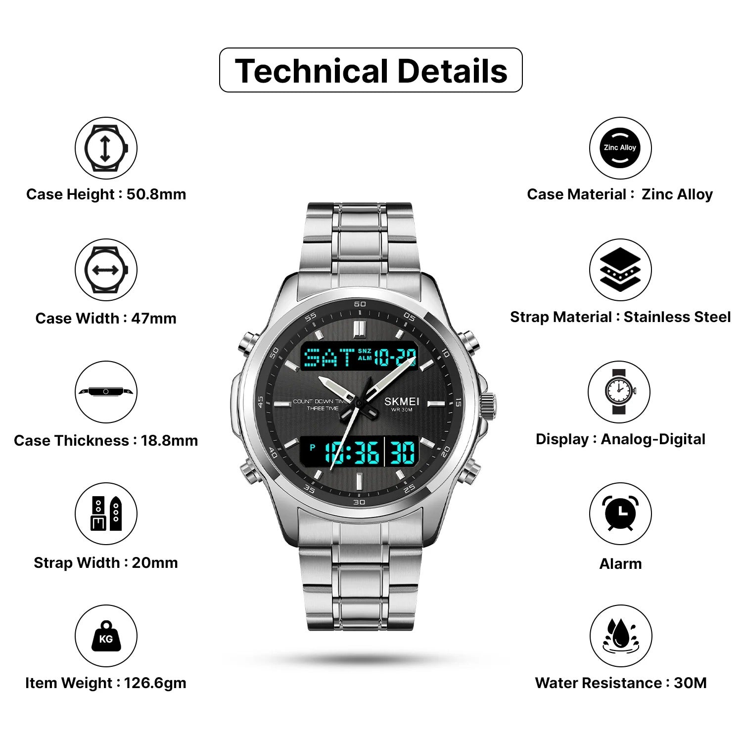 Skmei - 2049 - Multifunctional Waterproof Watch - Silver/Black image 4