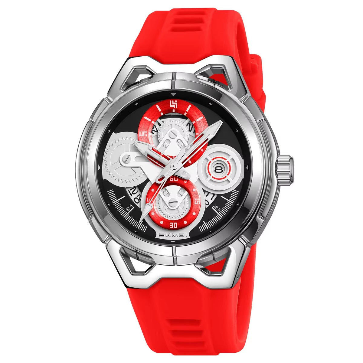SKMEI - 9349 - Silicone Quartz Luxury Watch - Silver/Red image 1