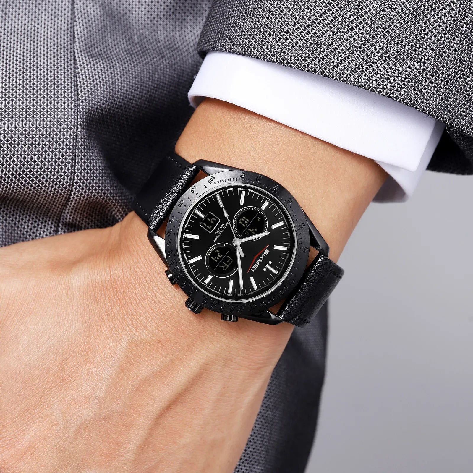 SKMEI 2503 Digital Tachymetre Countdown Timer Watch - black/black/black/leather image 2