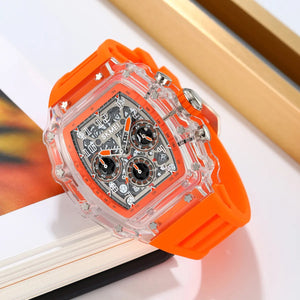 SKMEI 2305 Tonneau Skeleton Dial Chronograph Watch - White/Transparent-Orange image 3