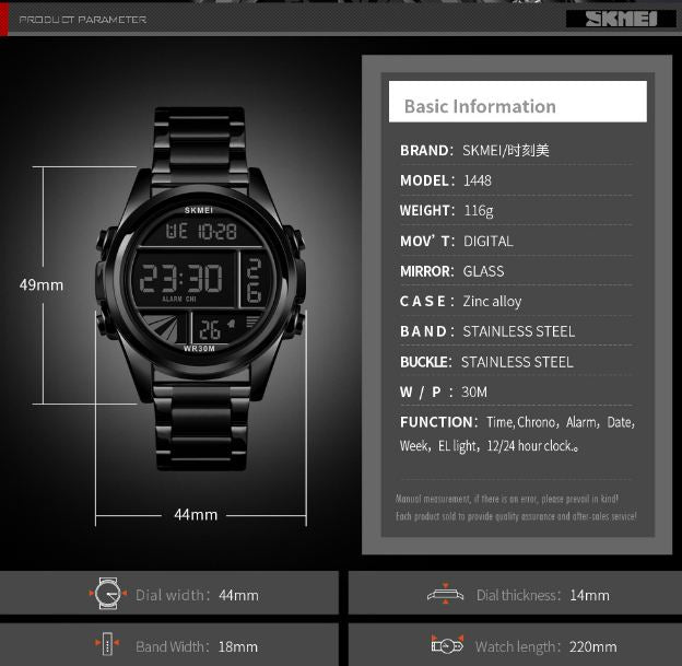 SKMEI - 1448 - Digital Sports Stainless Steel Waterproof Watch - Black image 3