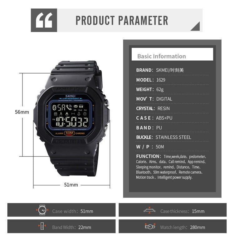 SKMEI - 1629 - Bluetooth Step Count High Quality Sports Watch Pedometer - Black image 7