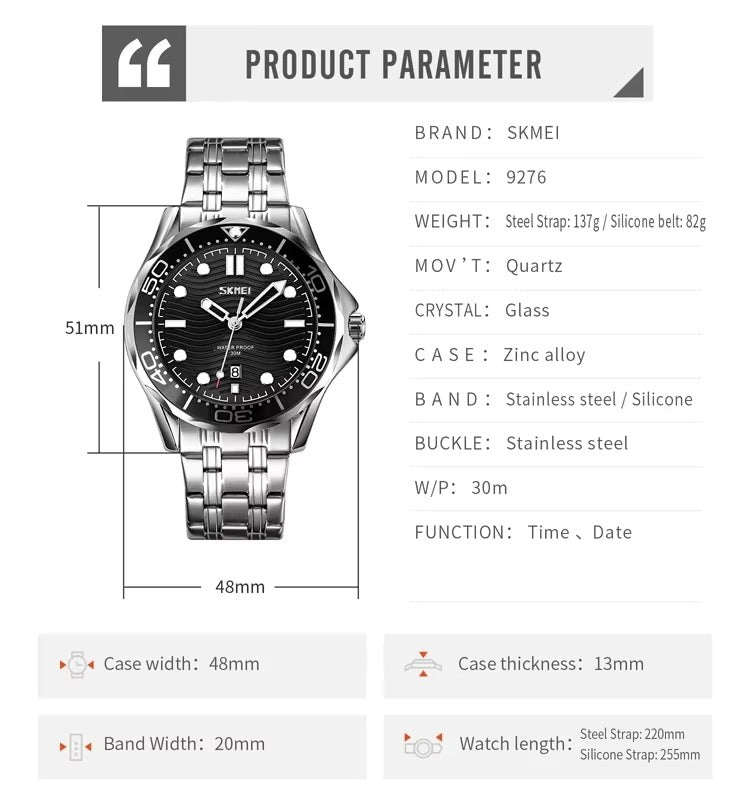 Skmei - 9276 - Quartz Casual Luxury Business Analog Watch - silver/black-steel image 4