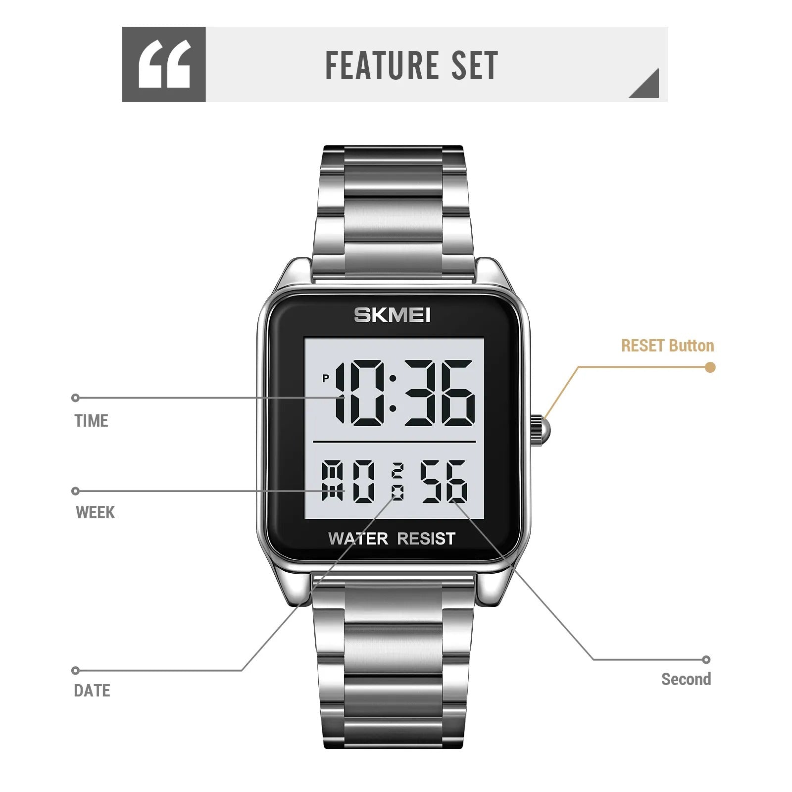 SKMEI 2154 Rectangle Digital Sports Wristwatch - silver/white image 1