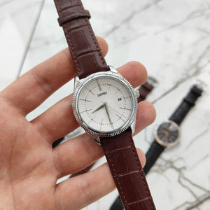 Skmei - 9298 - Leather Strap Casual Analog Quartz Watch - Silver/Silver-Brown image 4