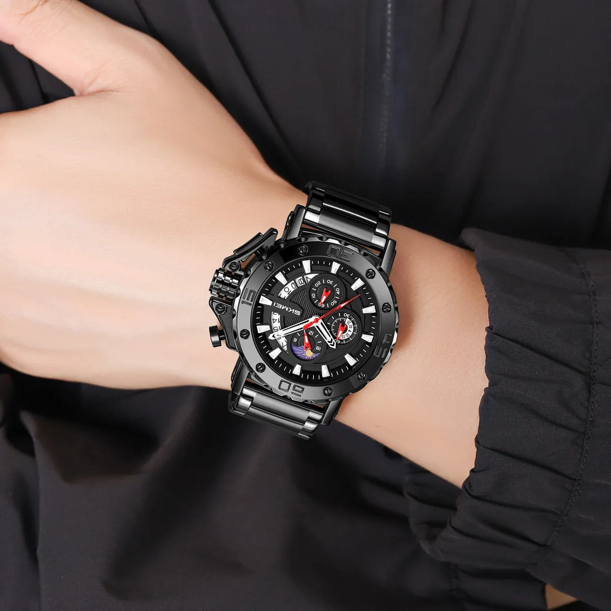 SKMEI - 9344 - Multifunctional Calendar Chronograph Sports Quartz Watch - Black image 2