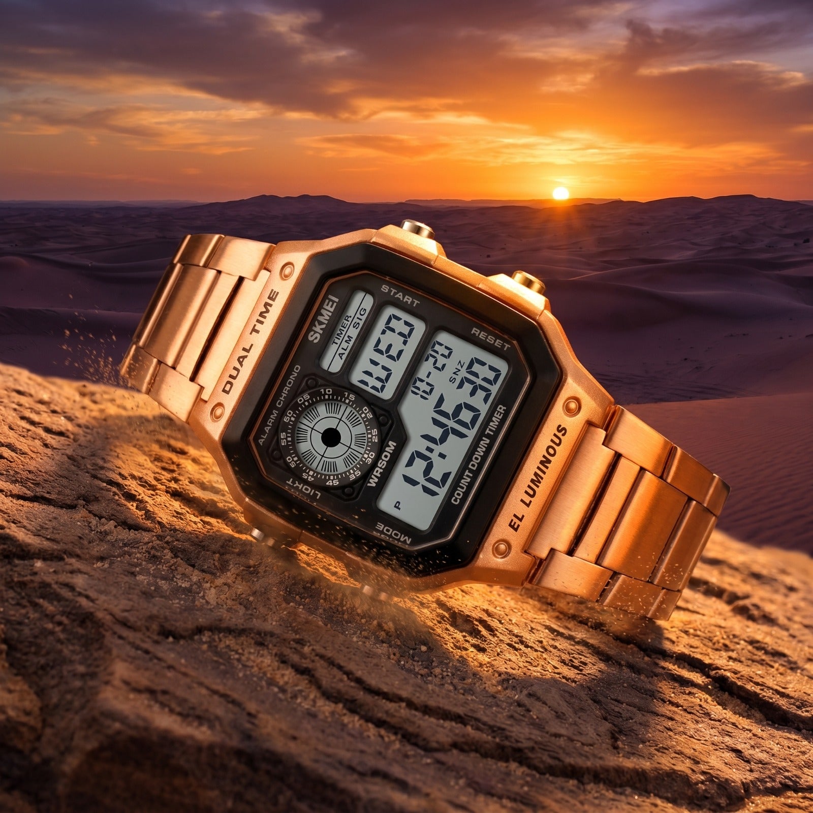 SKMEI 1335 Digital Dual Time Stainless Steel Watch - RoseGold