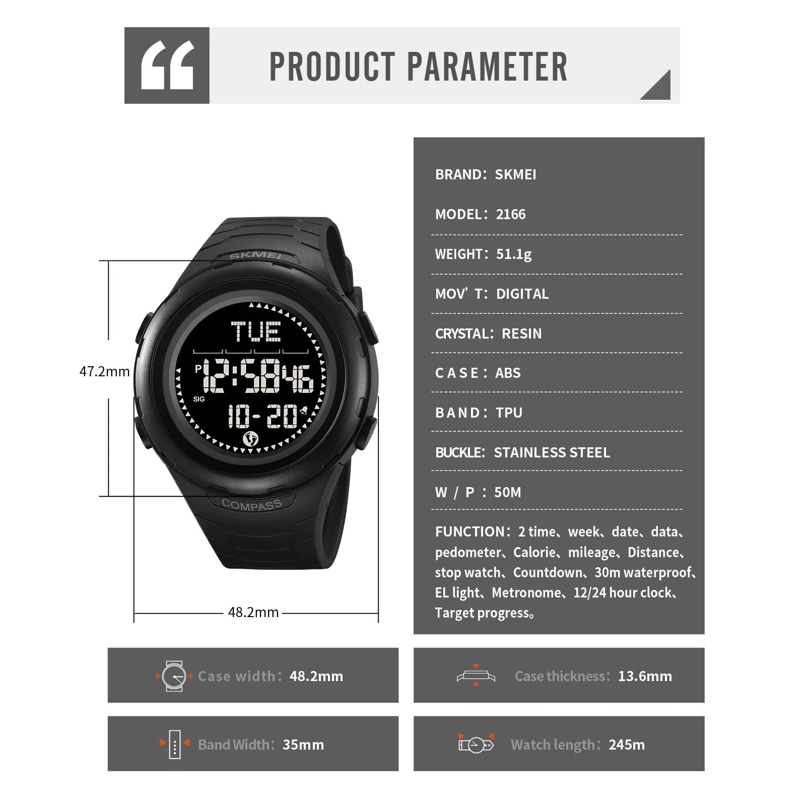 Skmei - 2166 - Step Master Digital Watch - Black/Black image 4