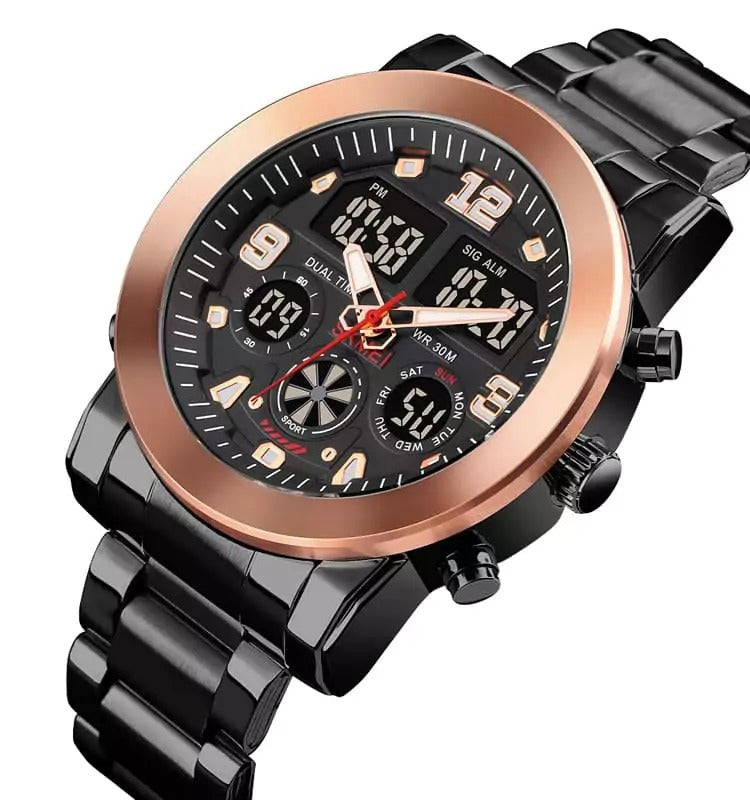 SKMEI - 1642 - Three Times Dial Analog and Digital Quartz Watches - Rose Gold image 3