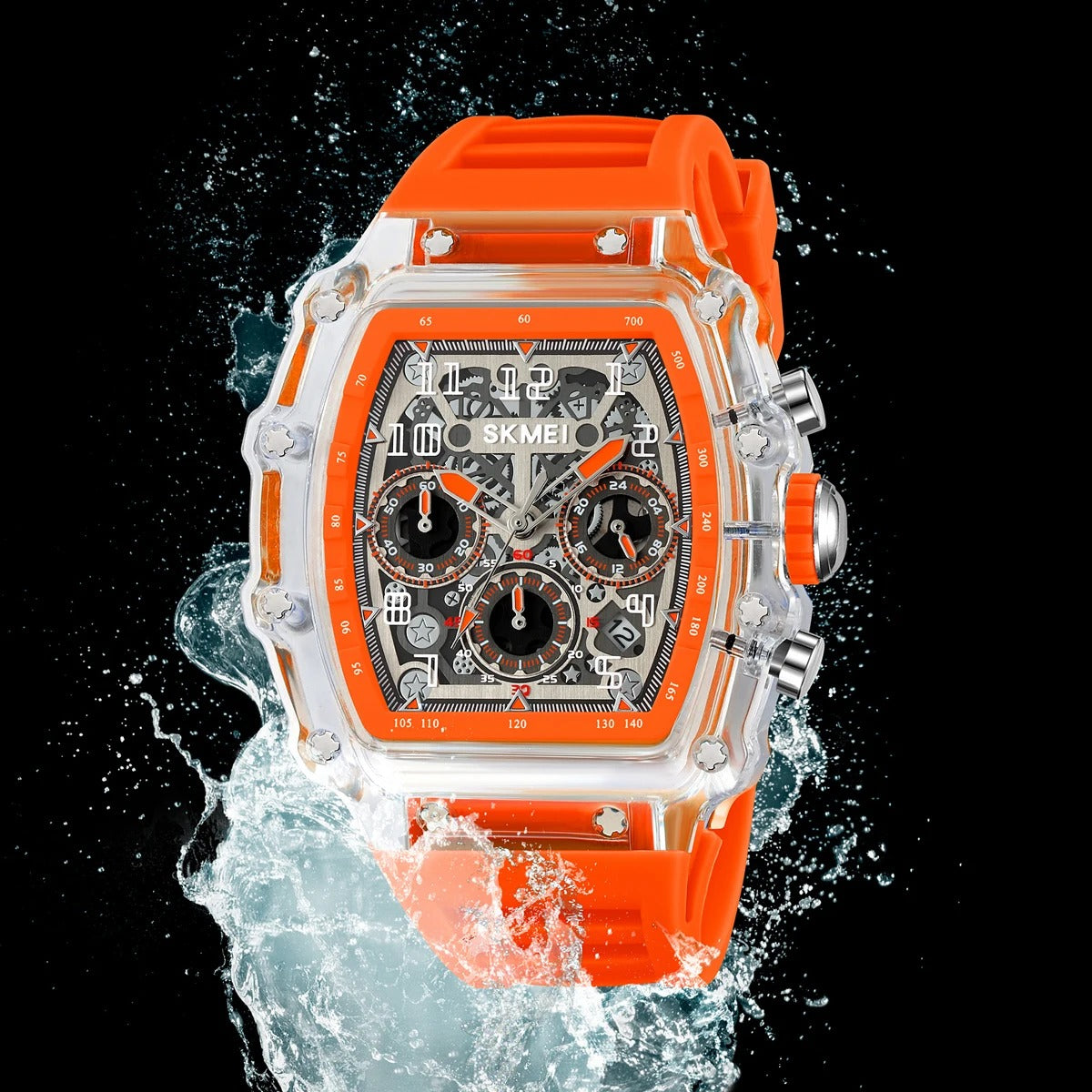 SKMEI 2305 Tonneau Skeleton Dial Chronograph Watch - White/Transparent-Orange image 4