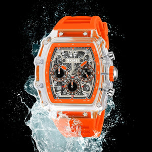 SKMEI 2305 Tonneau Skeleton Dial Chronograph Watch - White/Transparent-Orange image 4
