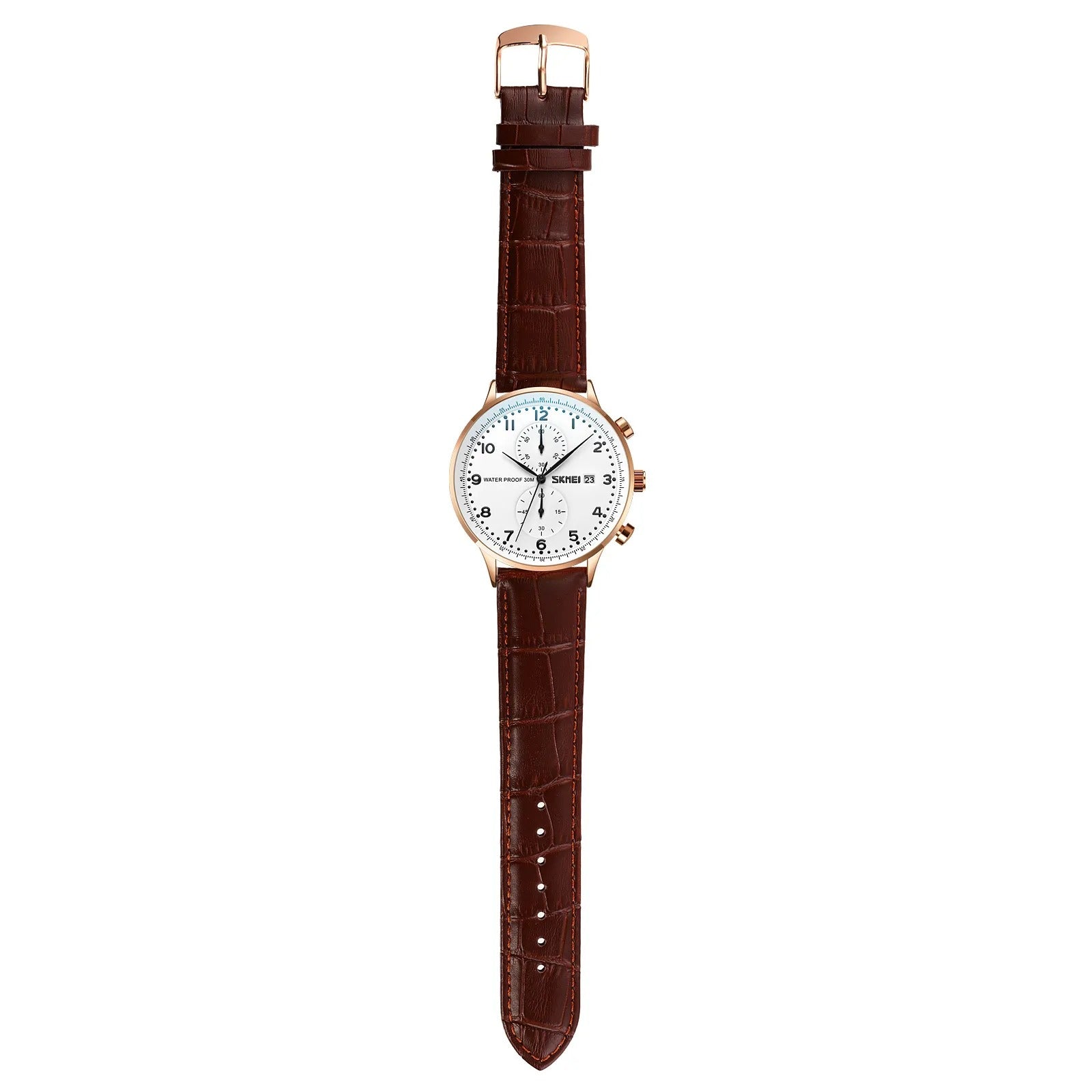 Skmei - 9301 - Classic Leather Chronograph Watch - Rosegold/Silver/Black image 4