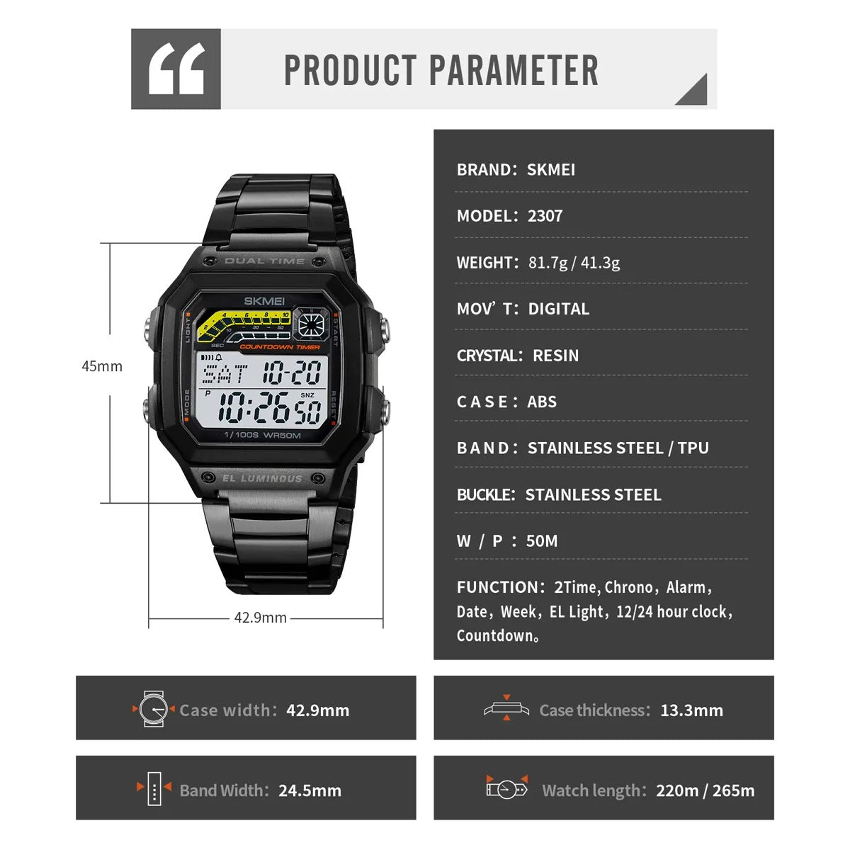 Skmei – 2307 – Digital Sports Watch – Black/Steel image 4