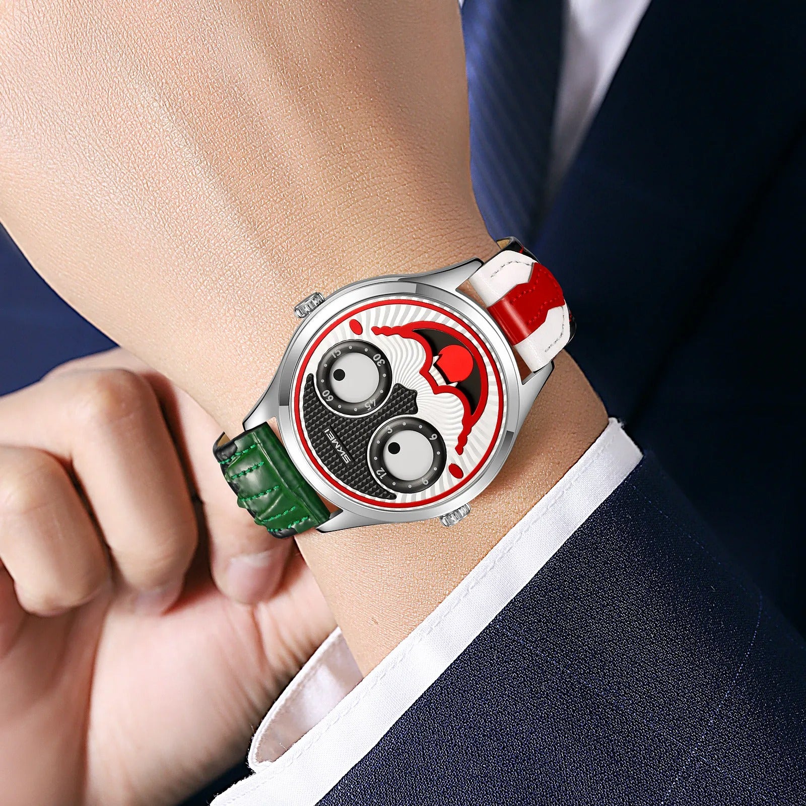 Skmei – 9389 – Whimsical Design Clown Dial Watch – Silver/Black image 2