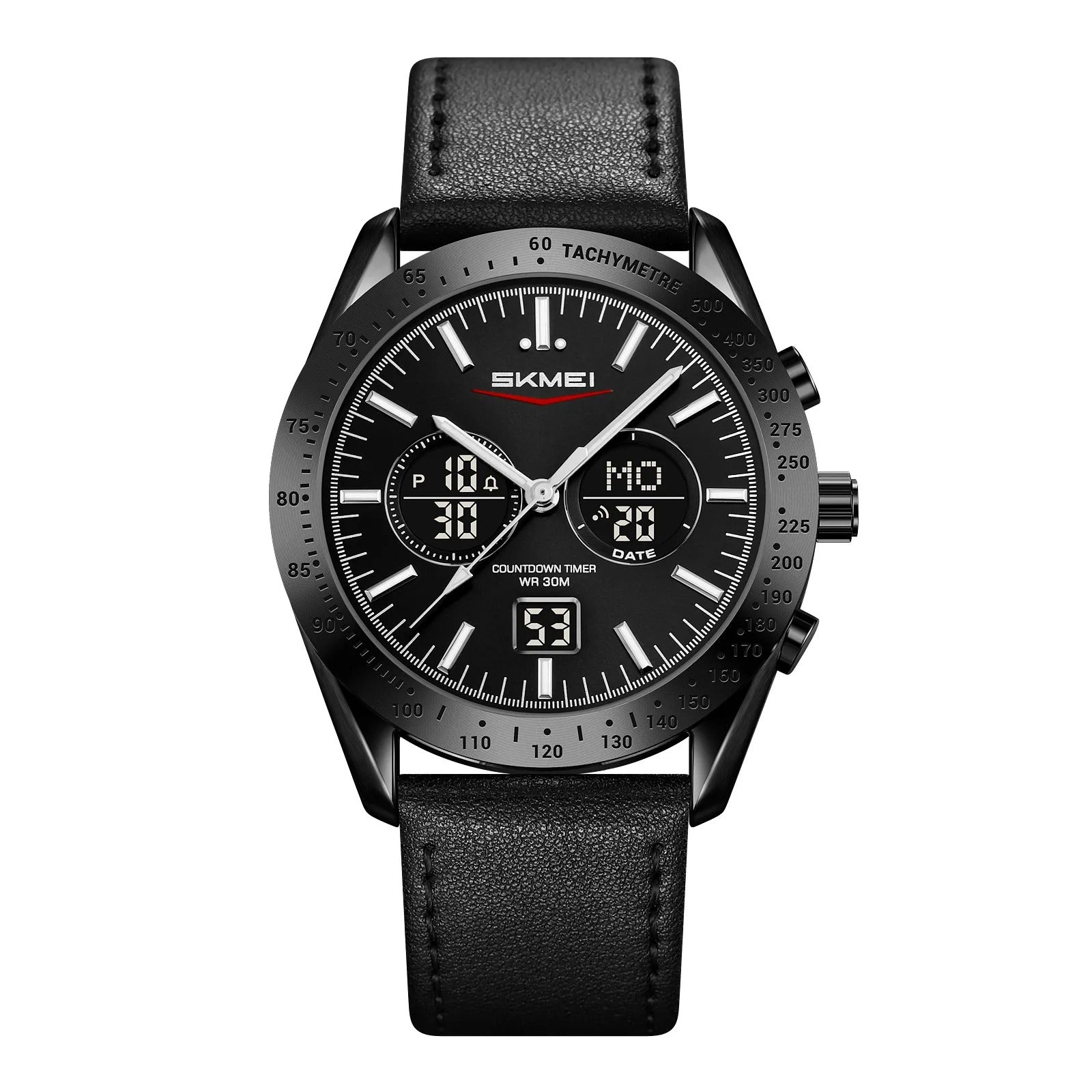 SKMEI 2503 Digital Tachymetre Countdown Timer Watch - black/black/black/leather image 0