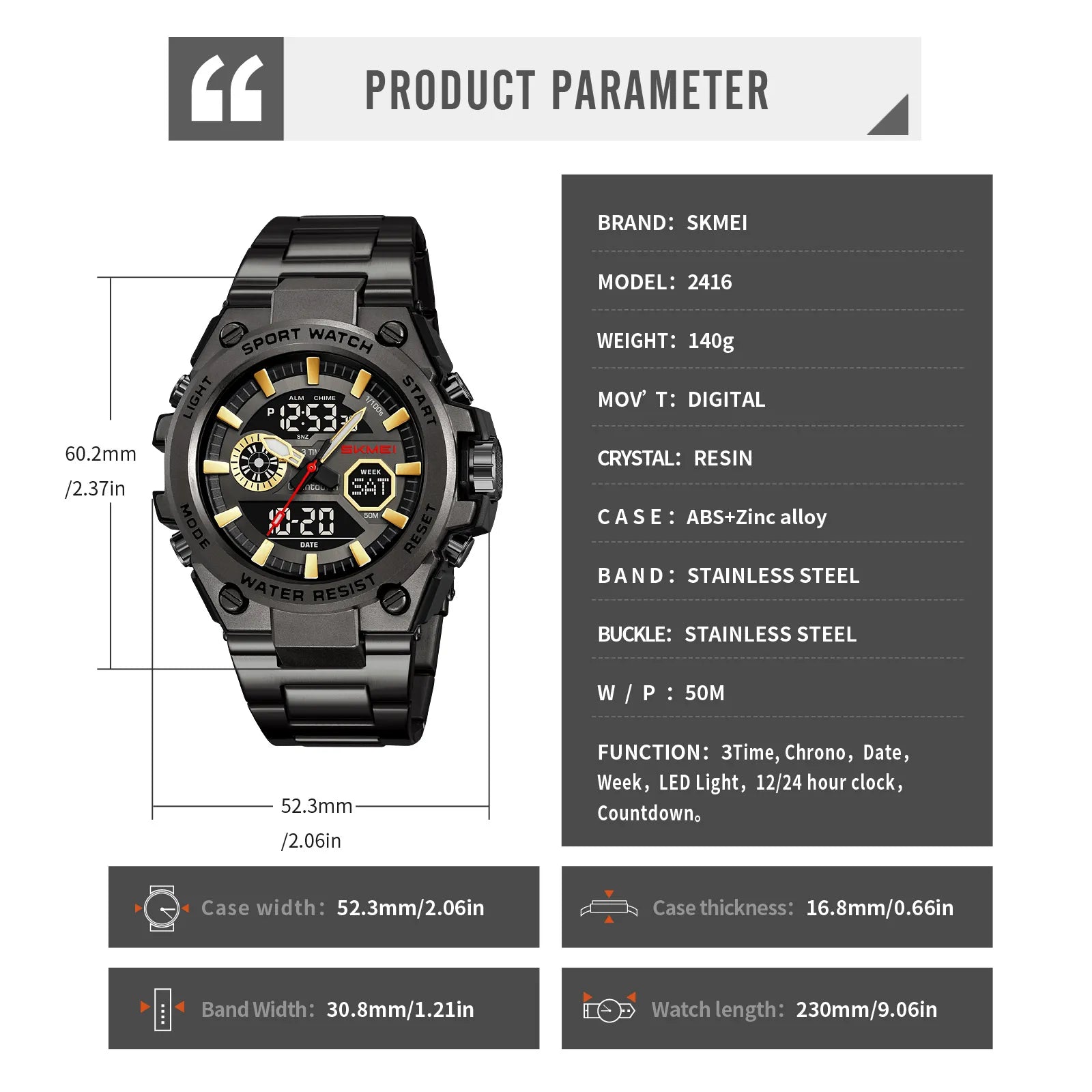 SKMEI - 2416 - Dual Display Sports Watch - black/gold image 6