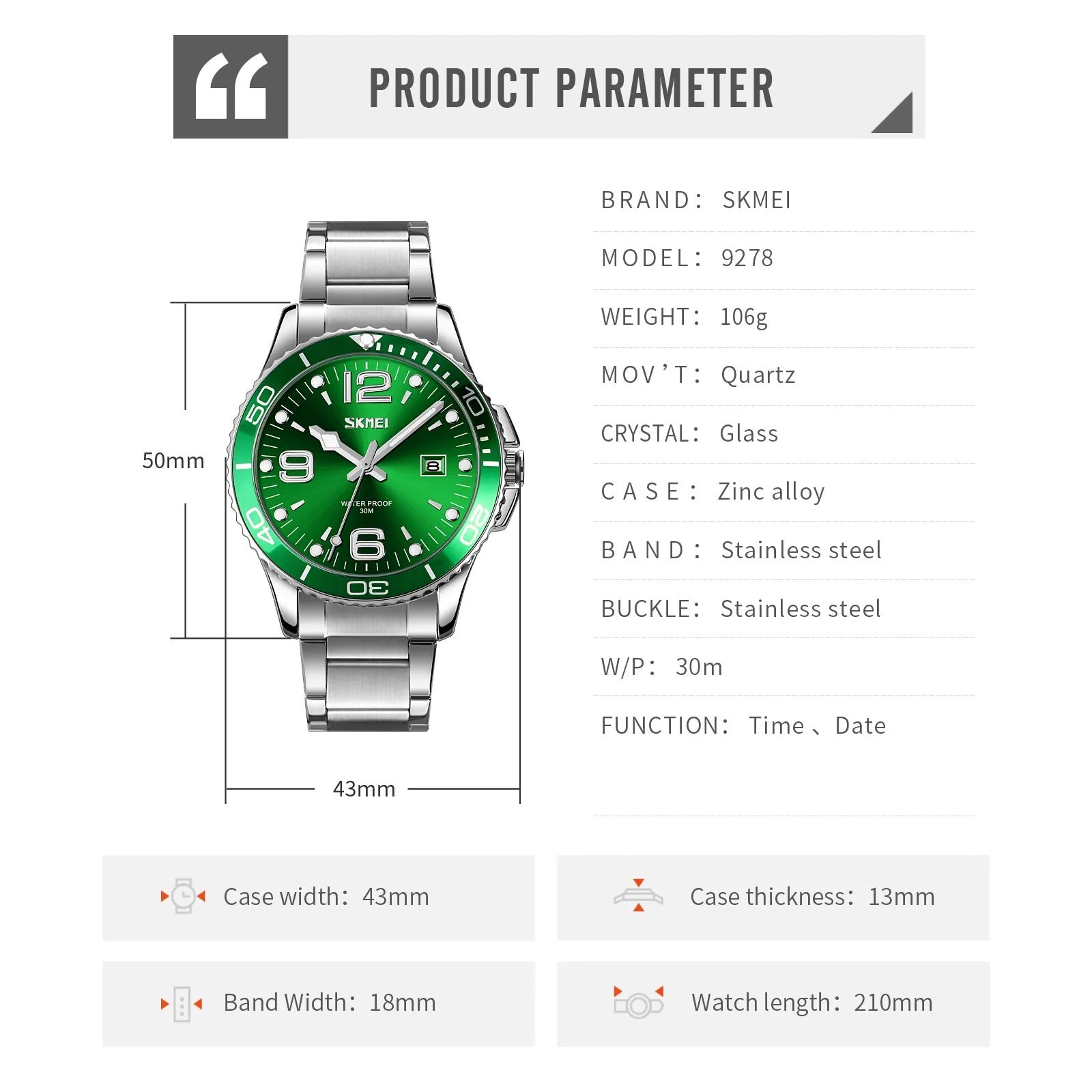 Skmei – 9278 – Luxury Stainless Steel Quartz Watch – Green image 4