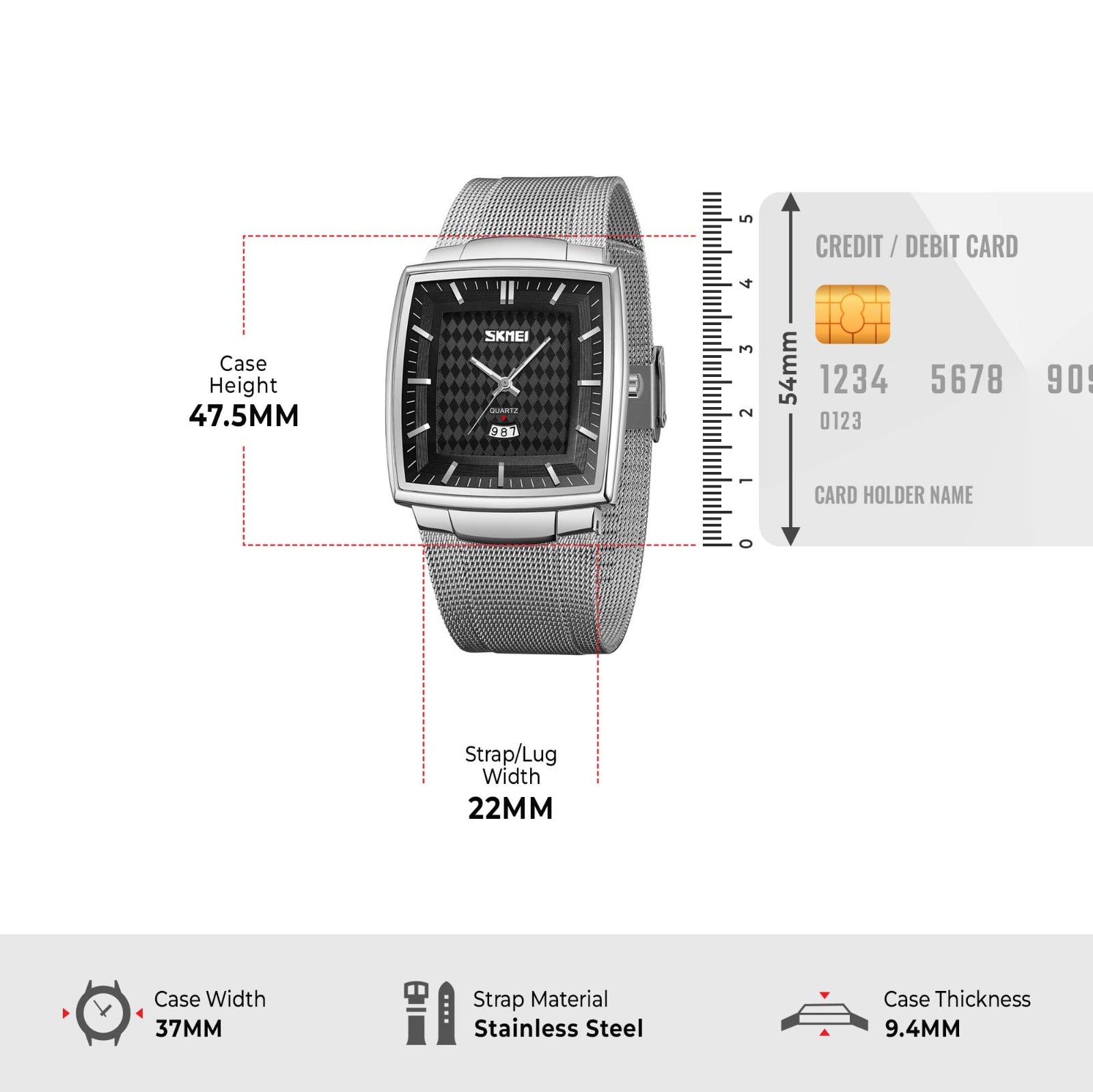 SKMEI - 9311 - Elegant Square Quartz Mesh Edition Watch - silver/black image 4