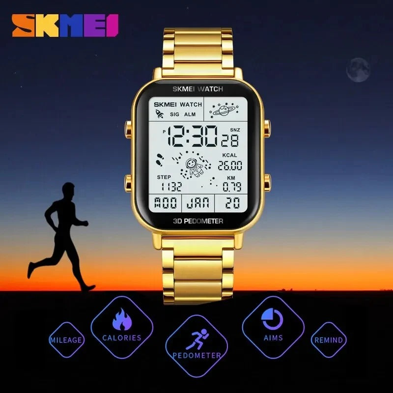 Skmei - 1888 - Digital Dial Step Count Pedometer Stainless Steel Watch - Gold image 4
