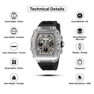 SKMEI 2305 Tonneau Skeleton Dial Chronograph Watch - White/Transparent-Black image 4
